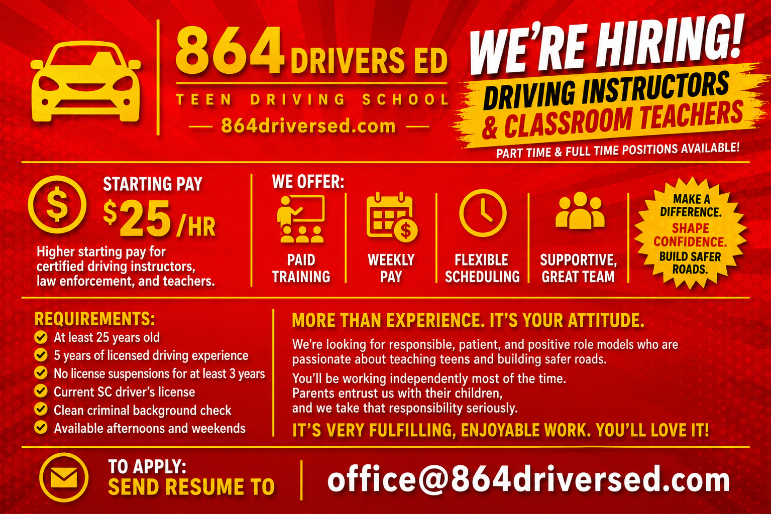 864 Drivers Ed is hiring driving instructors and class teachers